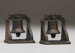 Pair Arts & Crafts Brass Liberty Bell Bookends c1910