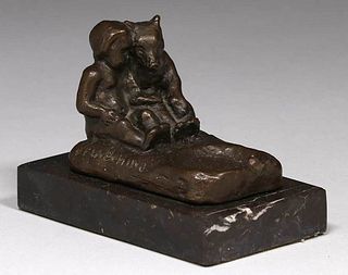 Arts & Crafts Bronze Sculptural Tray Child & Bear c1910