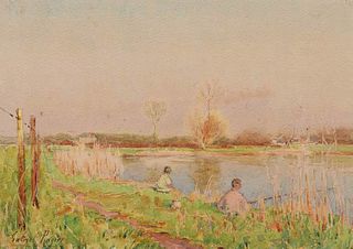 French Impressionist Watercolor of Children Fishing