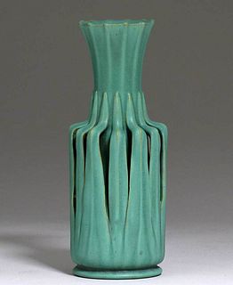 Teco Pottery #85 Matte Green Reticulated Leaves Vase