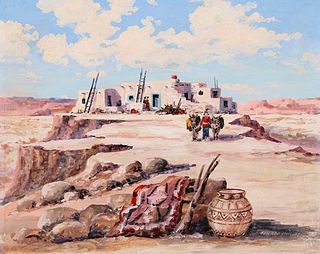Edward Langley New Mexico Pueblo Painting 1944