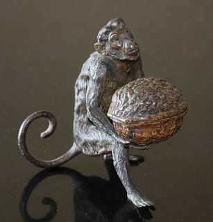 Austrian Brass Figural Monkey & Nut Incense Burner c1900