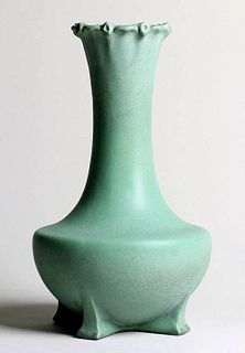 Teco Pottery #273 Matte Green Buttress Feet Vase c1910
