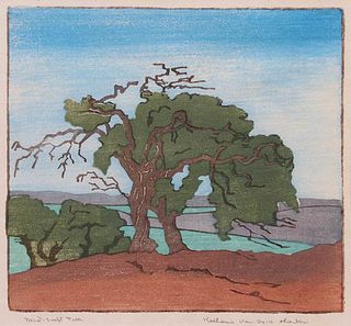 Katherine Van Dyke Harker Woodblock "Wind-Swept Tree"
