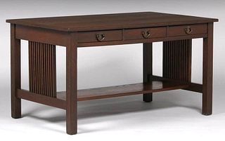 Gustav Stickley Spindled Three-Drawer Library Table