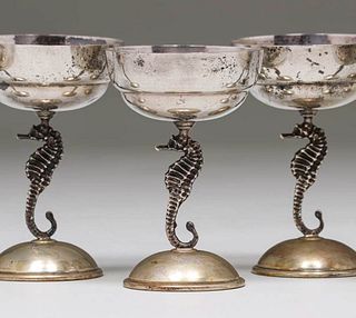 Set of 6 Sterling Silver Seahorse Goblets c1920