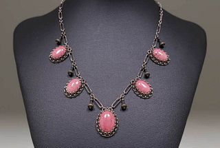 Pink Rhodonite Cabochon A&C Sterling Silver Necklace