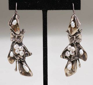 Pair Arts & Crafts Sterling Silver & Seed Pearl
