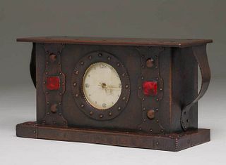 English Arts & Crafts Hammered Copper & Enamel Mantle Clock