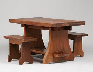 Theodore Church Redwood Trestle Table & Bench c1905