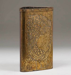 Arts & Crafts Hammered Brass Peacock Repousse Corner Umbrella Stand