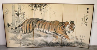 Jananese 6-Panel Byobu of Tiger in Bamboo
