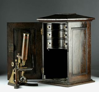 19th C. English Brass Microscope w/ Orig. Wooden Box