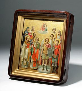 Framed 19th C. Russian Gilded Wood Icon - 10 Saints