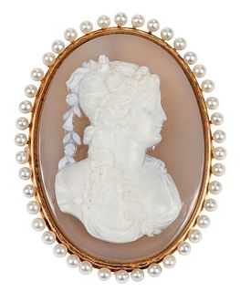 Antique Gold Cameo and Pearl Brooch