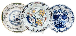 Three Polychrome, Blue and White Delft Chargers