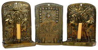 Three Continental Brass Repouss‚ Wall Sconces
