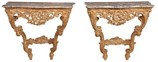 Pair Louis XV Carved Marble Top Console Tables