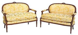 Pair Louis XVI Style Carved Upholstered Settees