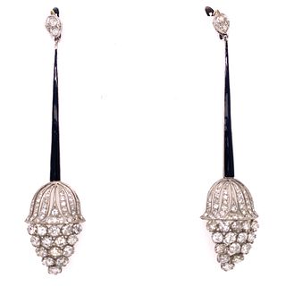 Art Deco Platinum Diamond Enamel Long Drop EarringsÊ