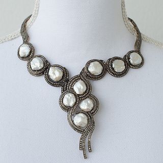 Stainless Steel 14k Diamond Mabe Pearl NecklaceÊ