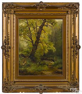 Hendrik Kruseman van Elten (American 1829-1904), oil on canvas wooded landscape with a stream
