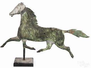 Swell-bodied copper running horse weathervane, 19th c., retaining an old verdigris surface