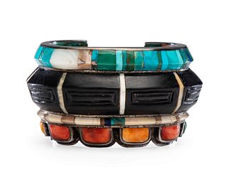 Evelyn (Eveli) Sabatie
(Moroccan, b. 1940)
Silver Cuff Bracelet, with Mosaic Inlay on Interior and Exterior Lot is located and will ship from Denver, 