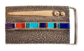 Verma Nequatewa, Sonwai
(Hopi, b. 1946)
Silver and Gold Belt Buckle, with InlayLot is located and will ship from Denver, Colorado