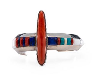 Gibson Nez
(Jicarilla Apache-Dine, 1947-2007)
Sterling Silver Cuff Bracelet, with Coral, Lapis, Turquoise, and Howlite Lot is located and will ship fr