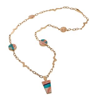 Don Supplee
(Hopi, b. 1965)
14k Gold Tufa Cast Necklace, with Turquoise, Coral, Opal, and Sugilite Lot is located and will ship from Denver, Colorado