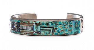 Carl and Irene Clark
(Dine, b. 1952 and b. 1950)
Sterling Silver Cuff Bracelet, with Micro Mosaic Inlay Lot is located and will ship from Denver, Colo