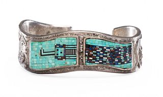Carl and Irene Clark
(Dine, b. 1952 and b. 1950)
Sterling Silver Cuff Bracelet, with Micro Mosaic Inlay Lot is located and will ship from Denver, Colo