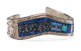 Carl and Irene Clark
(Dine, b. 1952 and b. 1950)
Sterling Silver Cuff, with Micro Mosaic Inlay Lot is located and will ship from Denver, Colorado