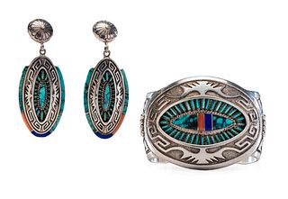 Abraham Begay
(Dine, b. 1953)
Sterling Silver Overlay Cuff Bracelet and Post Earrings, with Turquoise, Coral, and Lapis Inlay Lot is located and will 