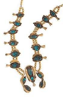 Southwestern 14k Gold Squash Blossom Necklace, with Bisbee Turquoise Lot is located and will ship from Denver, Colorado
length 30 inches, weight 190.3