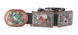 Dennis and Nancy Edaakie
(Zuni, b. 1931 and b. 1937)
Silver and Mosaic Inlay Concha Belt, with Multiple Bird Species  Lot is located and will ship fro