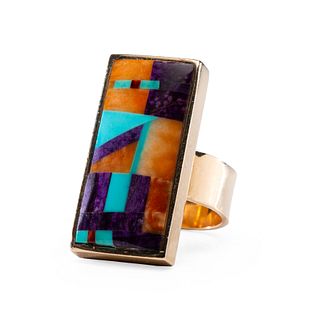 Alan Wallace
(Washoe-Maidu, b.1950)
14k Gold Ring, with Coral, Turquoise, Sugilite, and Spiny Oyster Mosaic Inlay Lot is located and will ship from De