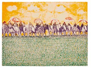 Fritz Scholder
(Luiseno, 1937-2005)
Lot is located and will ship from Denver, Colorado.Indians with Umbrellas (from Indians Forever Suite), 1971