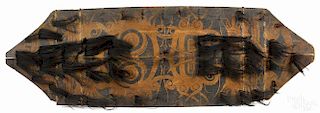 Dayak painted wood shield, Borneo, single board painted on both sides in traditional design