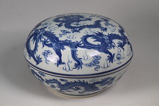 Chinese, 5-Claw Dragon Blue/White Box. Signed