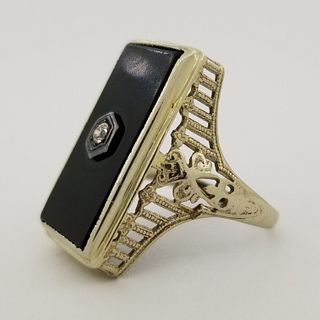 Antique 14K Gold, Black Enamel & Diamond Ring