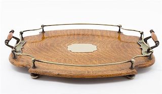 A Wood and Brass Breakfast Tray Width over handles 22 inches.