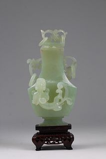 Chinese Carved Apple-Green Jade Vase on Stand