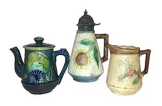 A Group of Three Majolica Articles Height of tallest 8 inches.