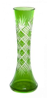 A Green Cut to Clear Glass Vase Height 10 1/4 inches.