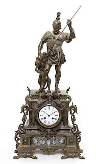 A Neoclassical Cast Metal Figural Mantel Clock Height of clock 13 1/2 inches.