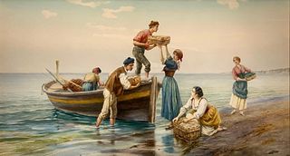 Pietro Gabrini Watercolor, Return of the Fishermen