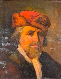 19thc. German School Oil, Portrait, Gentleman in Red Hat