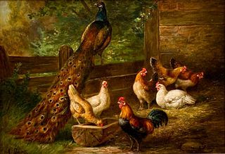 August Laux Oil, Barnyard with Peacock